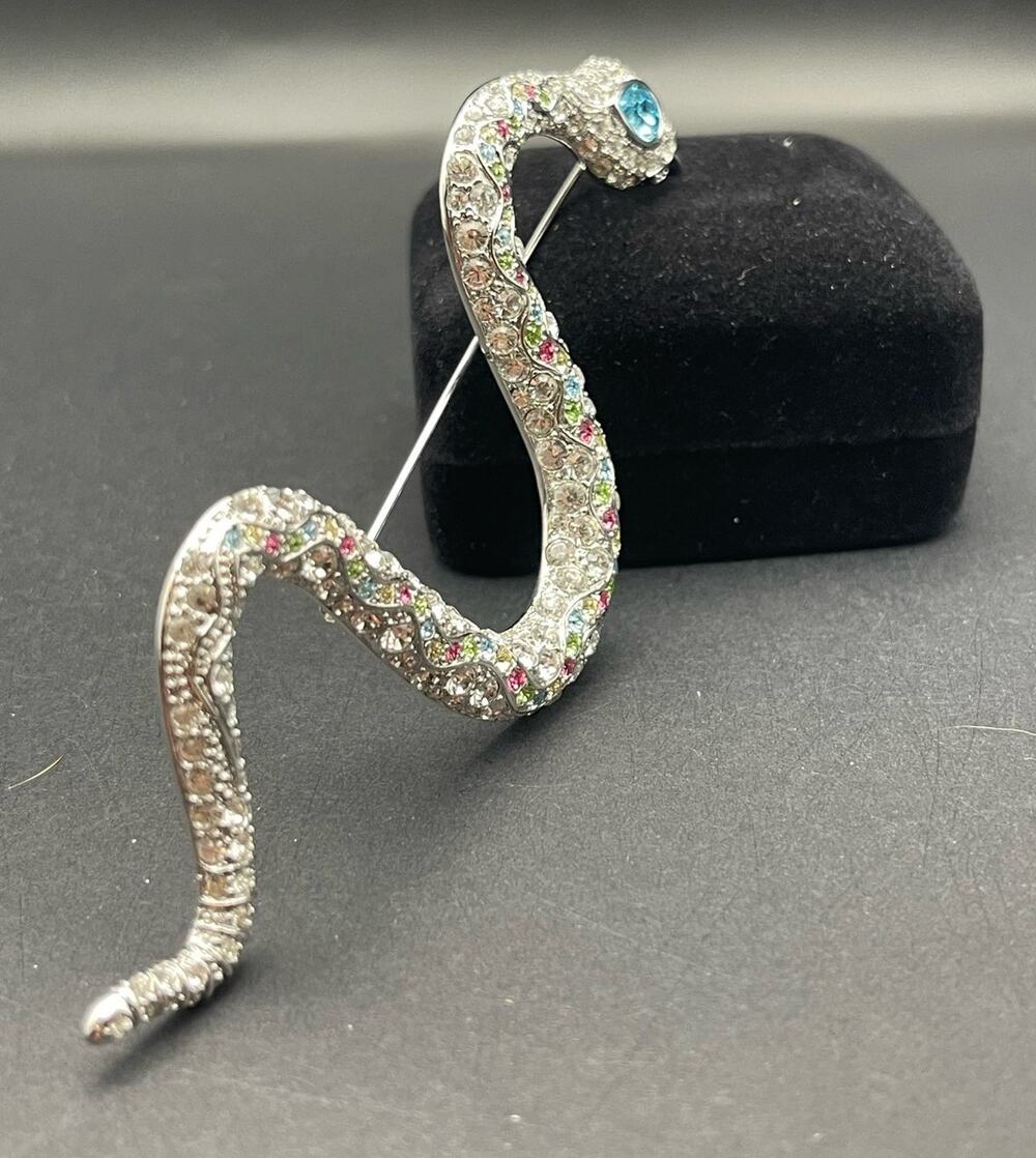 Nicky Butler Silver Tone Snake Pin Colorful Pink Blue Clear Crystal NB Thailand